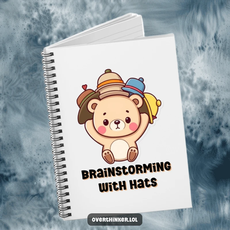 Funny notebook with a cute bear character comically balancing multiple hats on its head, inspiring creative writing and organization.