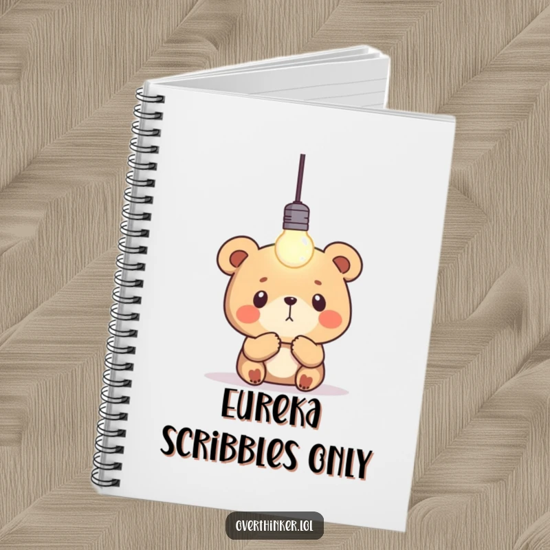 Funny bear notebook depicting a bear intently observing a single, blinking lightbulb, ideal for recording brilliant thoughts and ideas.