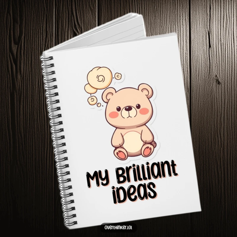 Funny bear notebook featuring a cute character with swirling thought bubbles, perfect for humorously capturing ideas. Ideal gift.