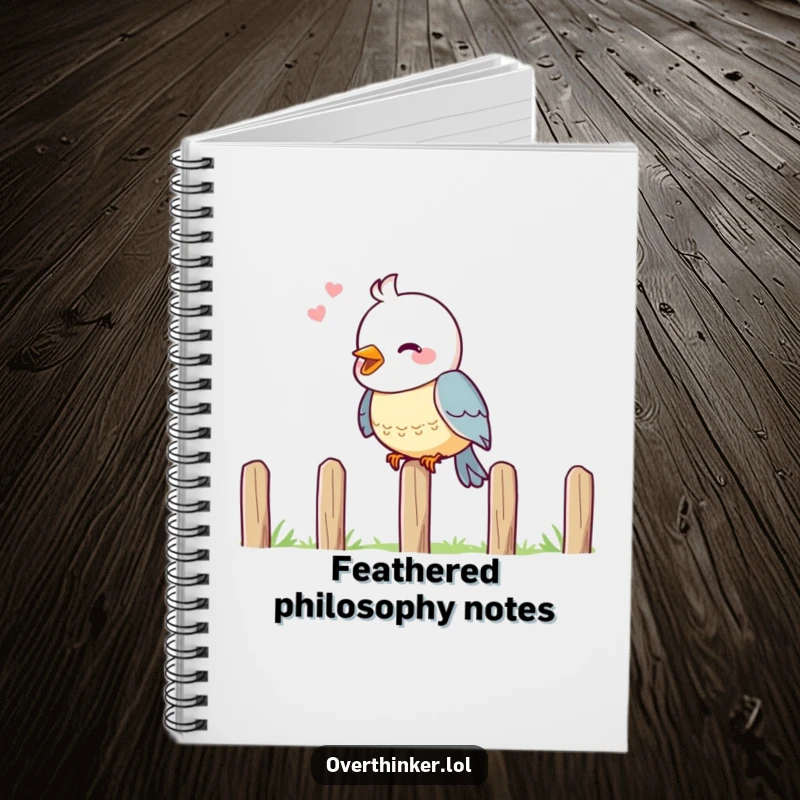 Funny notebook cover: a cheerful bird on a fence, head tilted in deep thought, for jotting ideas.