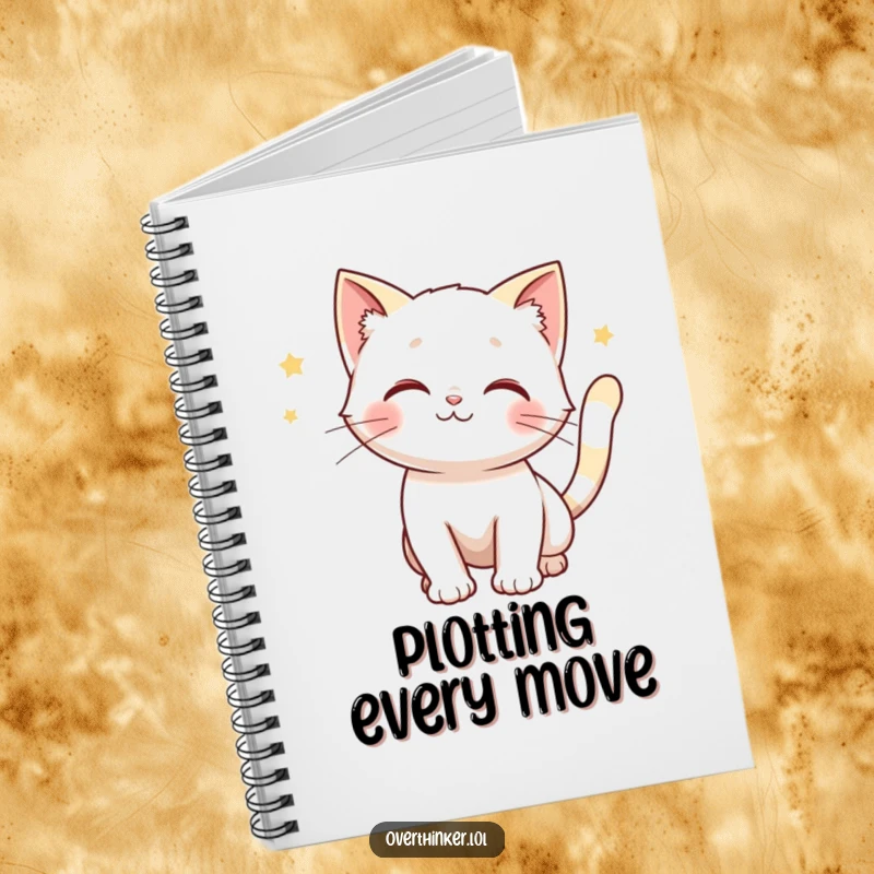 Funny notebook cover with a cat whose tail is twitching, anticipating multiple outcomes, ideal for notes.
