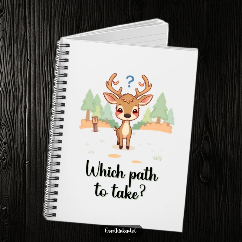 Funny notebook cover showcasing an overthinking deer looking confused at a fork in the path, ready to chart a course.