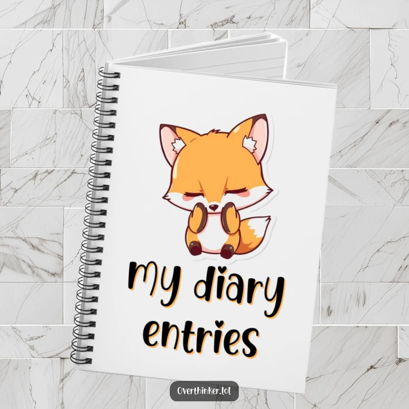 Funny notebook cover design with a fox character hiding its face in its paws, representing relatable embarrassment and personal reflections.
