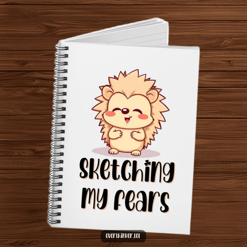 Funny notebook cover with a cheerful hedgehog looking worriedly at its shadow, perfect for journaling.