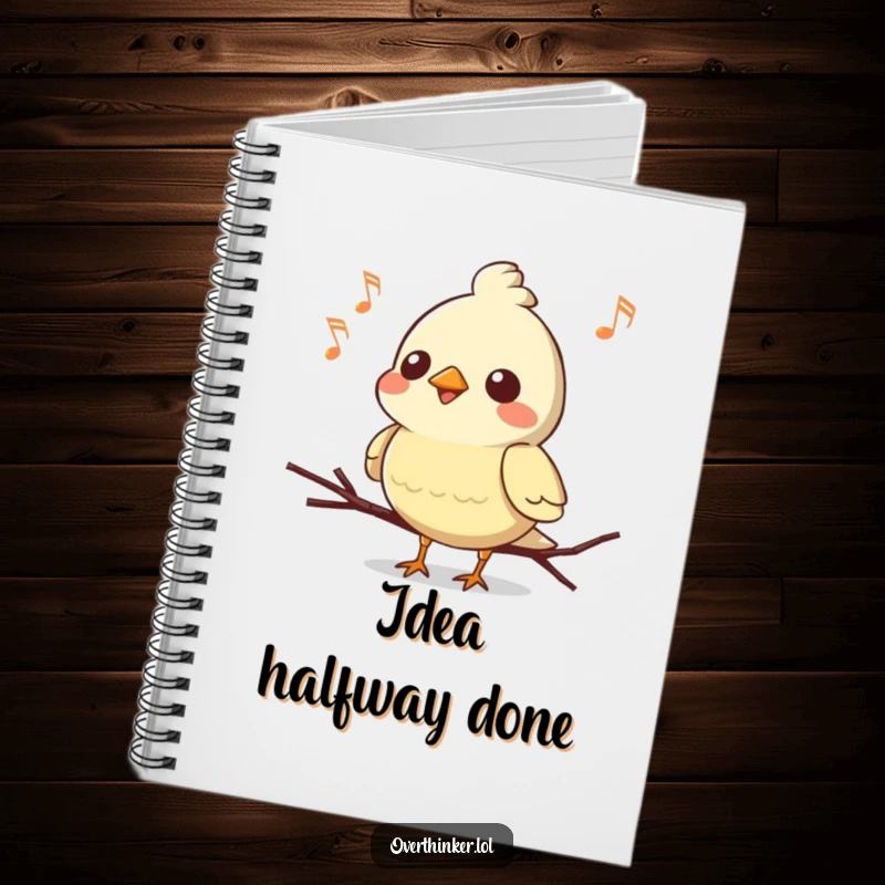 Funny Kawaii bird notebook, a cute character mid-song, hilariously forgetting the ending, ideal for jotting down musical and humorous thoughts.