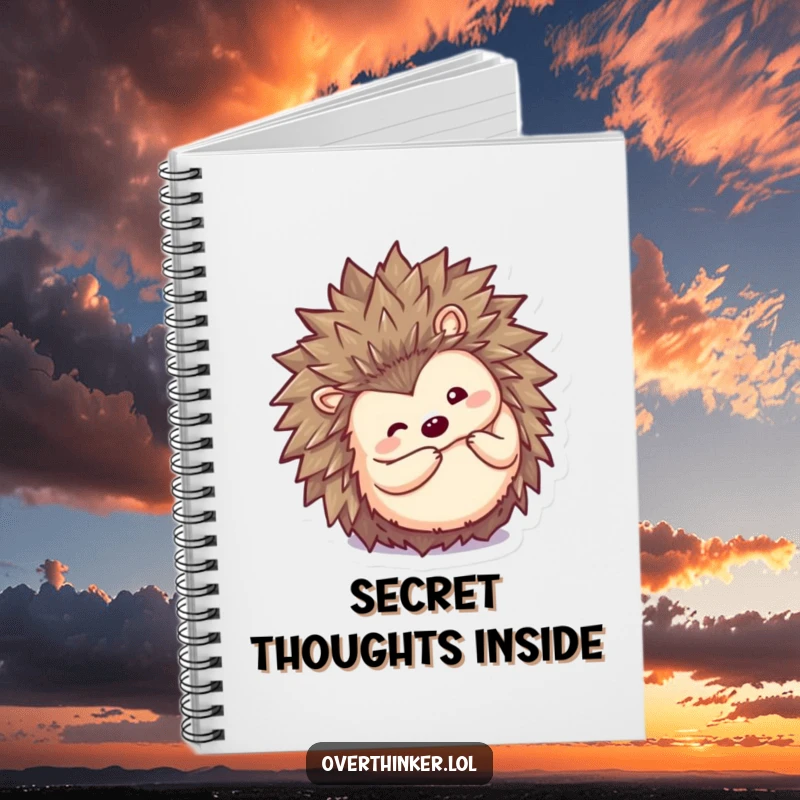 Funny Kawaii hedgehog notebook, a cute character curling into a ball then peeking out inquisitively, ideal for jotting down curious and humorous thoughts.