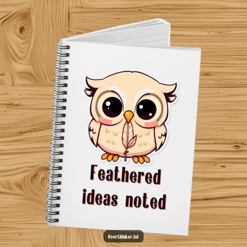 Funny Kawaii owl notebook with a cute owl focused on a feather, perfect for writing down thoughts with humor.