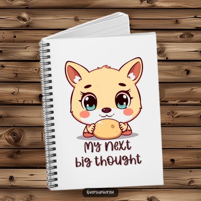 Funny notebook cover with an animal character having enormous, wide-open eyes staring at a basic object, for notes and lists.
