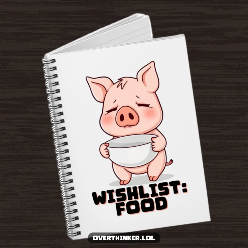Funny notebook with a pig character nervously holding an empty bowl, designed for jotting down food ideas and lists.
