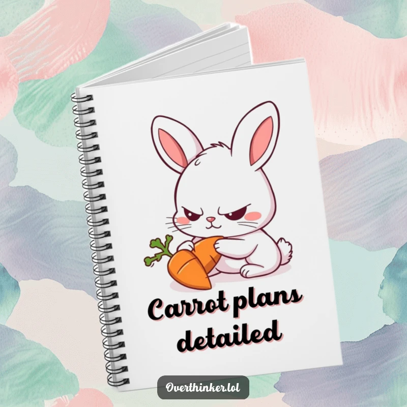 Funny Rabbit Notebook with a rabbit with a furrowed brow intensely focused on a carrot, great for journaling.