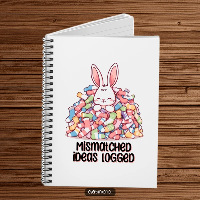 Funny rabbit notebook showcasing a rabbit struggling to sort a colossal pile of mismatched socks, perfect for notes and doodles.