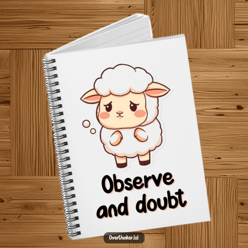 Funny notebook cover with a sheep having a furrowed brow, questioning the shape of a cloud, ideal for notes.