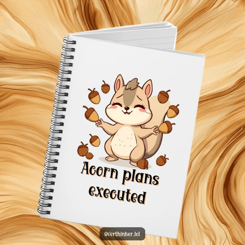 Funny notebook with a smiling but stressed squirrel character juggling numerous acorns, perfect for planning and jotting down ideas.