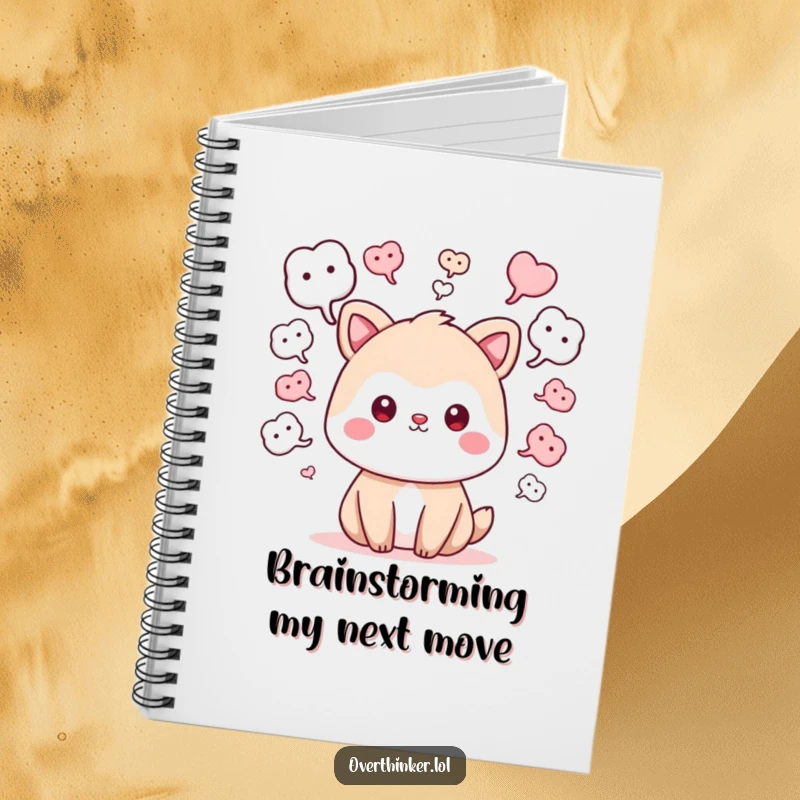 Funny kawaii notebook featuring a cute animal character with many 'what if' thought bubbles, ideal for journaling creative questions and ideas.