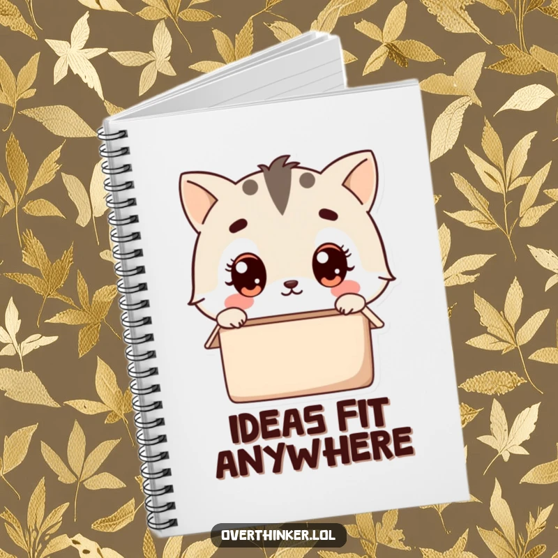 Funny kawaii notebook featuring a cute animal character wide-eyed, pondering an empty box, ideal for journaling curious thoughts and mysteries.
