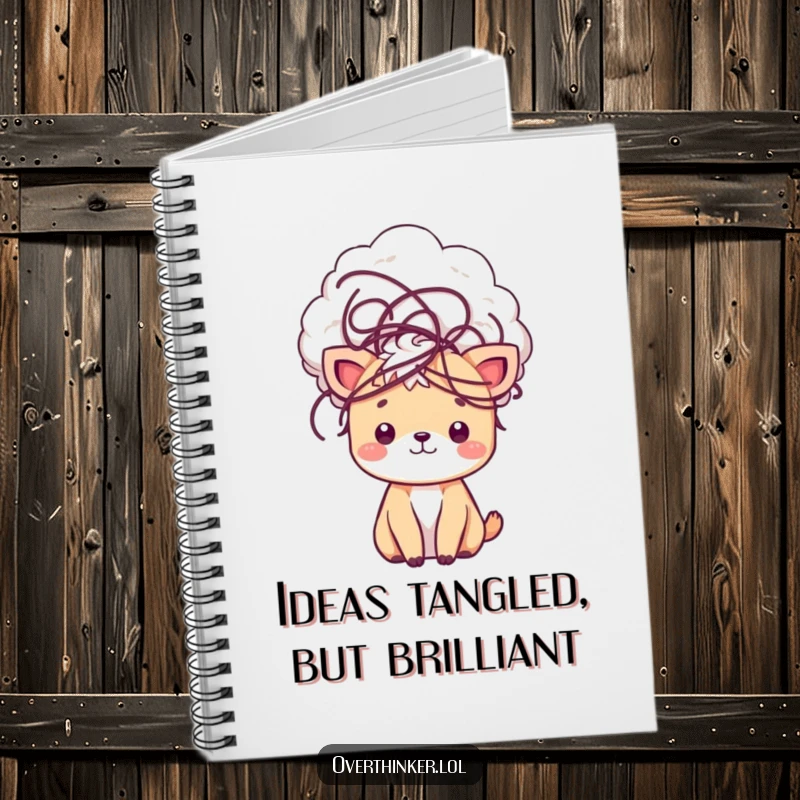 Funny kawaii notebook featuring a cute animal with a cloud of tangled thoughts, perfect for journaling creative and complex ideas.