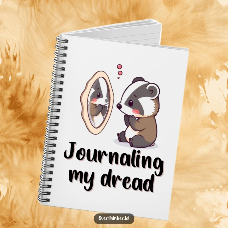 Funny notebook cover showcasing an overthinking badger staring at its reflection, ready to record profound observations.