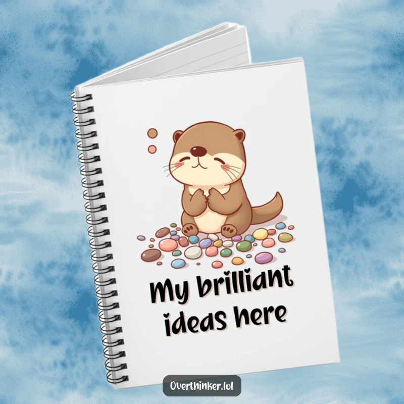 Funny notebook with an overthinking otter humorously focused on organizing pebbles, perfect for capturing thoughts with a touch of wit.