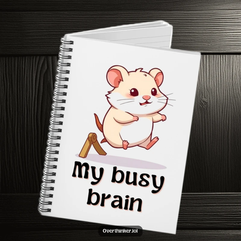 Funny notebook with a hamster running on a wheel and looking thoughtful, designed for jotting down ideas and musings.