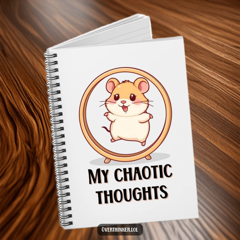 Funny Hamster Notebook with a cover featuring a hamster character running on a blurrily fast spinning wheel. Great for notes.
