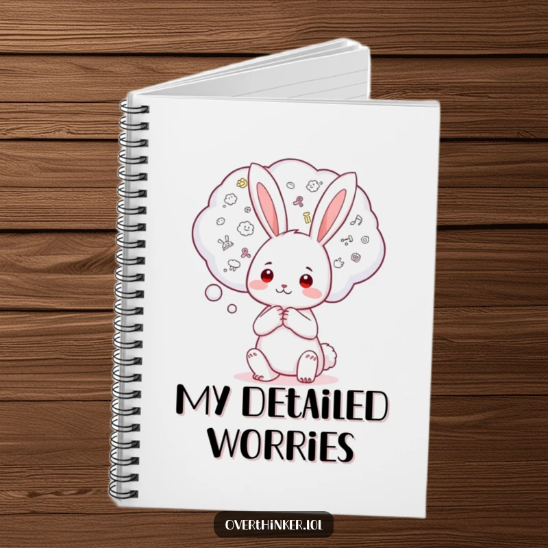 Funny Kawaii rabbit notebook with a character holding a thought bubble packed with tiny worries, ideal for writing down thoughts humorously.