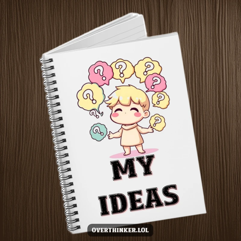 Funny notebook with a character juggling thought bubbles, perfect for jotting down questions and ideas.