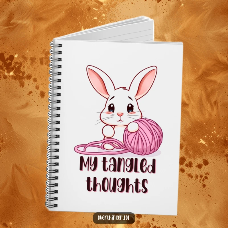 Funny notebook cover with a confused rabbit staring at a tangled yarn ball, ready for notes and ideas.