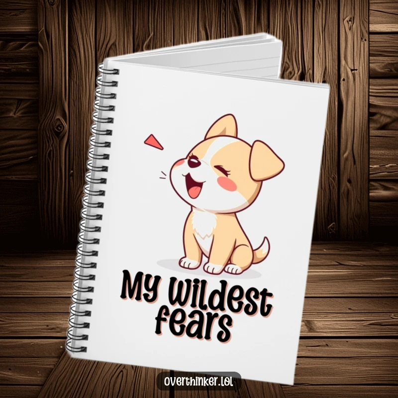 Funny Kawaii dog notebook, a cute character barking at its own shadow, ideal for jotting down playful and humorous thoughts.