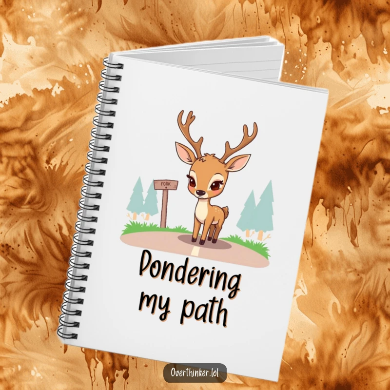 Funny notebook with a deer concentrating hard on choosing a path at a fork in the road. Ideal for notes, journaling, and planning.