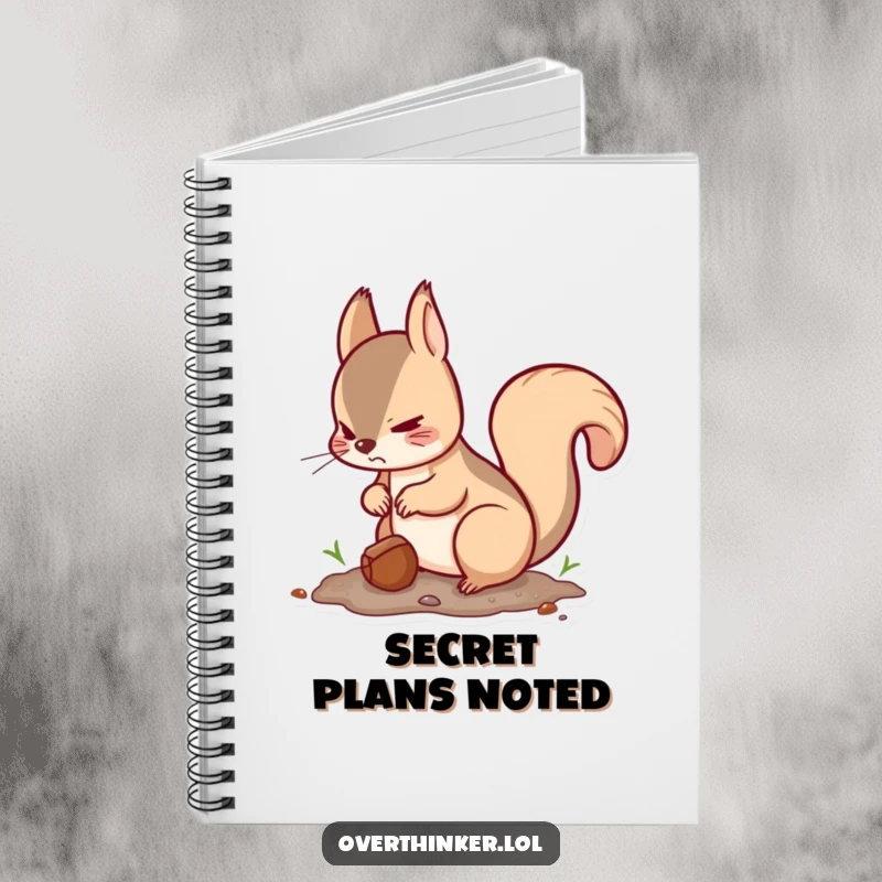 Funny Kawaii squirrel notebook with a cute squirrel burying a nut and looking around nervously, perfect for writing with humor.