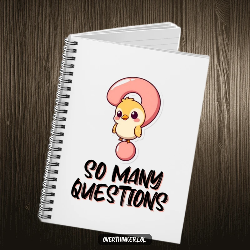 Funny notebook featuring a bird stuck in a question mark, ideal for writing down questions and creative thoughts.