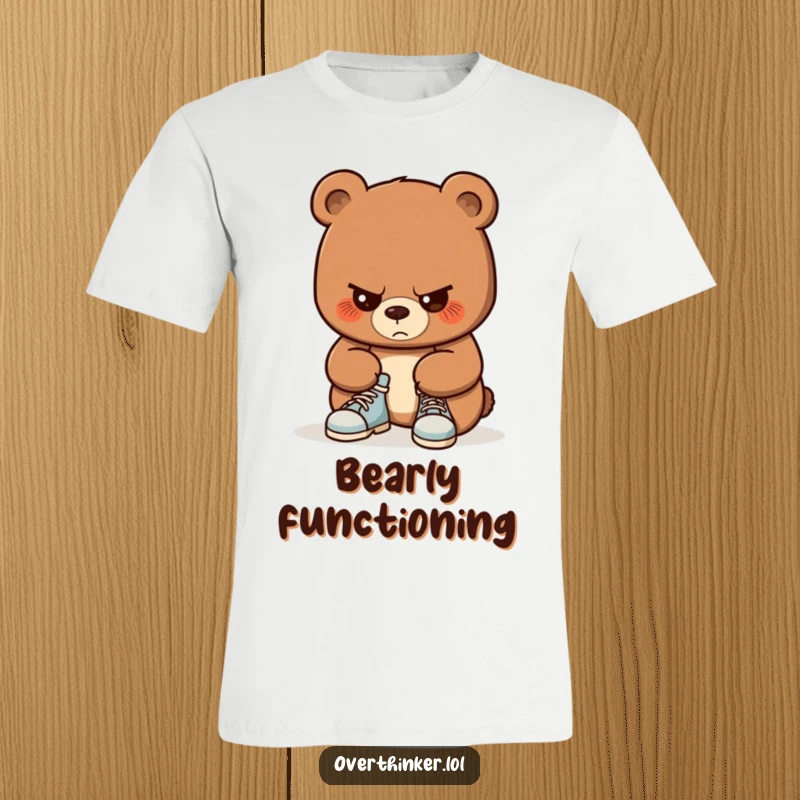 Funny t-shirt depicting a bear with a look of intense concentration, attempting to tie its shoelaces. Humorous representation of effort.