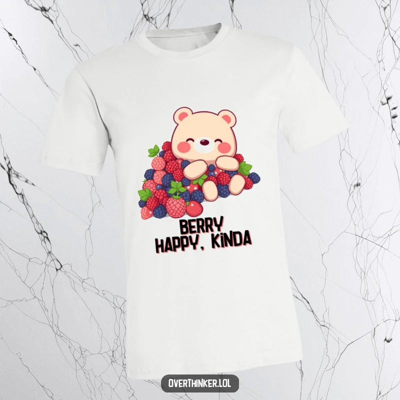 Funny Bear T-Shirt of a bear overwhelmed by a mountain of berries, humorous apparel for foodies.