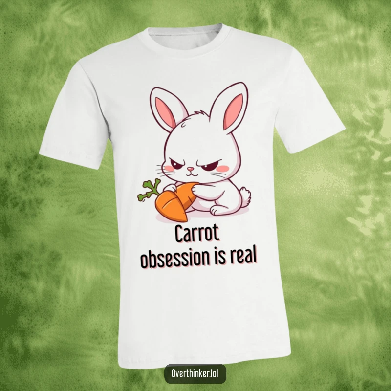 Funny Rabbit T-Shirt of a rabbit with a furrowed brow intensely focused on a single carrot, great apparel.
