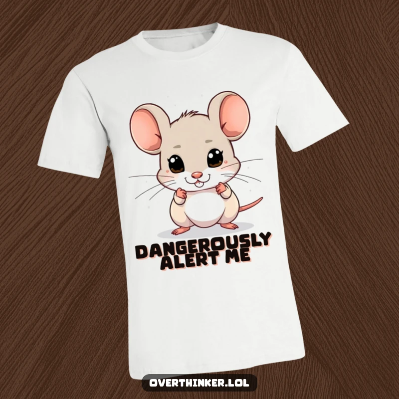Funny t-shirt featuring a little mouse with eyes darting everywhere, alert to non-existent dangers, showcasing hypervigilance.