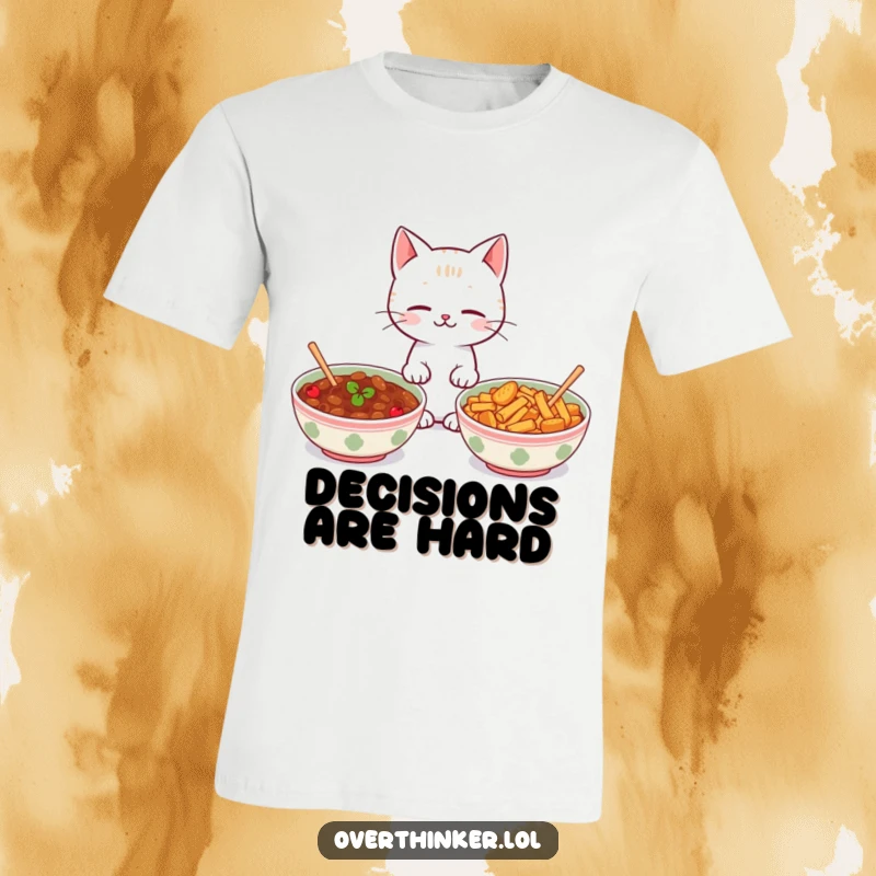 Funny Kawaii cat t-shirt with a cute cat looking between two identical food bowls, a humorous depiction of dilemma.