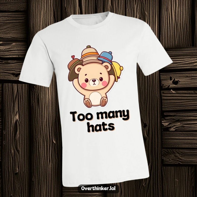 Funny T-Shirt featuring a cute bear humorously attempting to balance numerous hats on its head, representing life's many demands.
