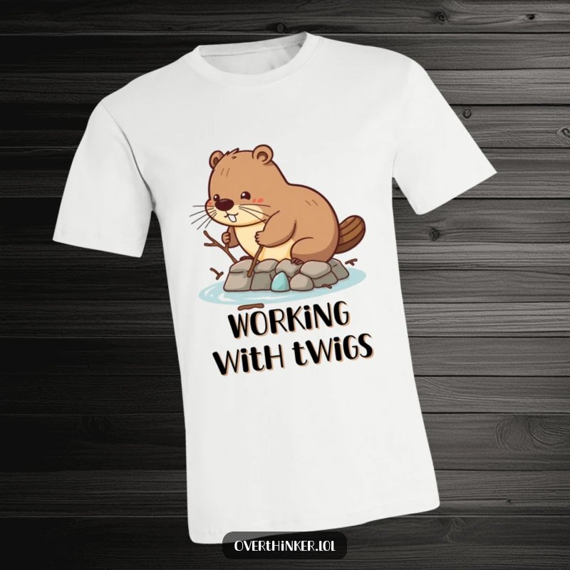 Funny t-shirt depicting a beaver trying to build a dam with tiny twigs, representing effort and humorous determination.