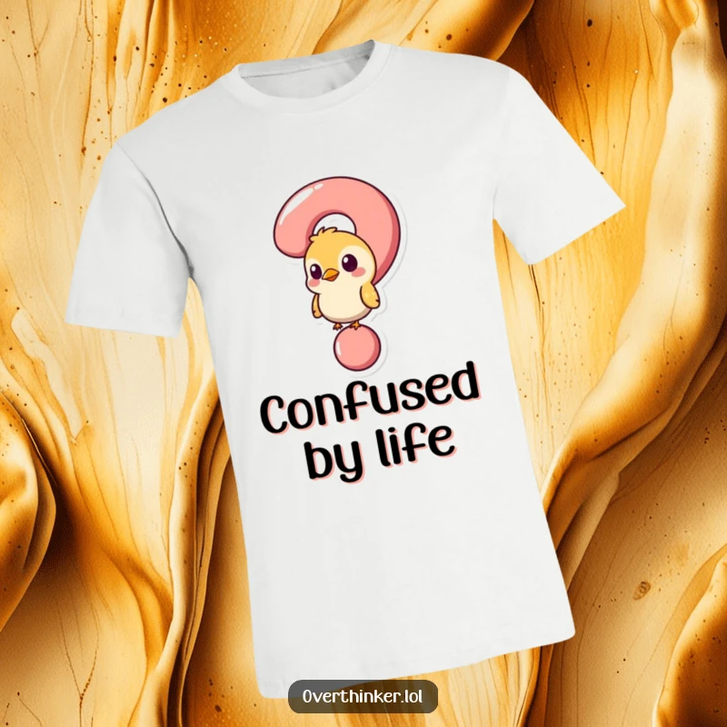 Funny t-shirt featuring a bird stuck in a question mark, expressing confusion and a humorous quest for answers.