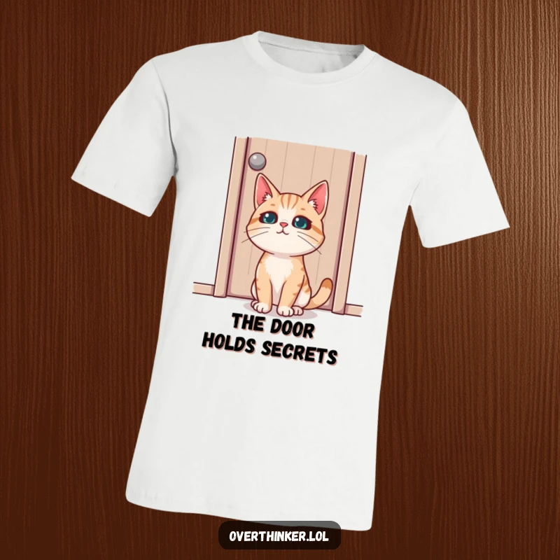Funny t-shirt depicting a cat with laser-like focus staring at a closed door, symbolizing intense feline curiosity.