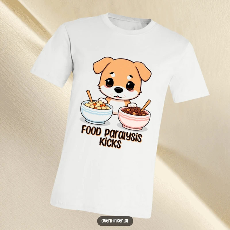 Funny t-shirt graphic of a dog staring with confusion at two identical bowls of food.