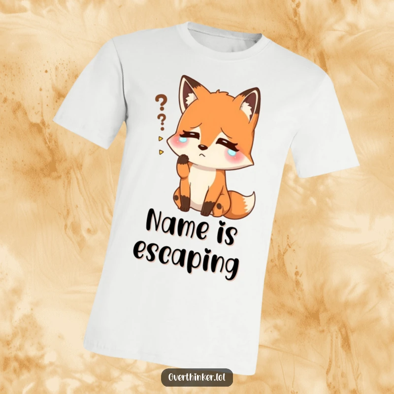 Funny t-shirt depicting a fox sweating profusely, trying desperately to remember a forgotten name. Humorous representation of a mental block.