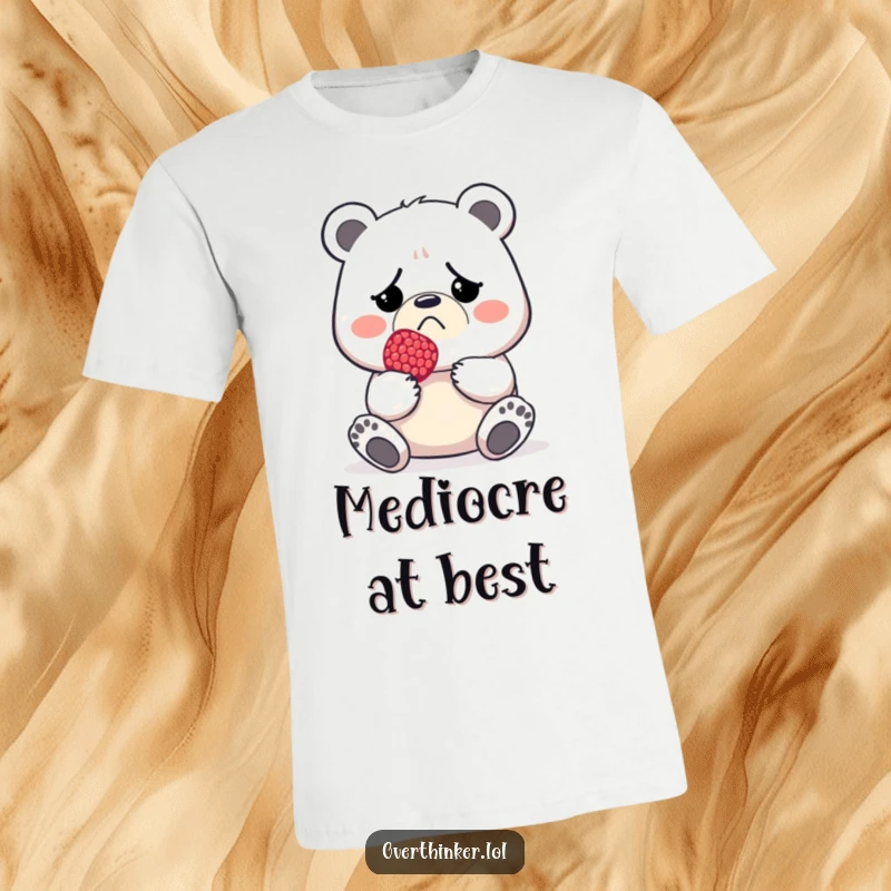 Funny t-shirt graphic of a sad bear holding one tiny berry, symbolizing meager rewards.