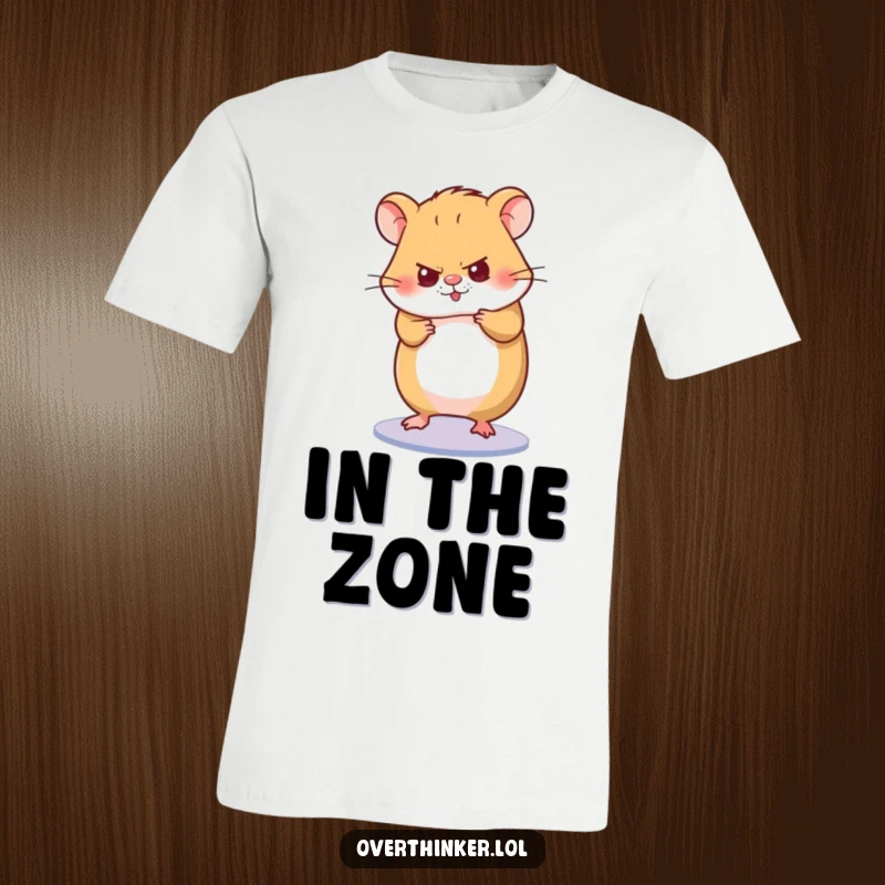 Funny t-shirt depicting a hamster character intensely focused on spinning its wheel, symbolizing hard work and unwavering determination.