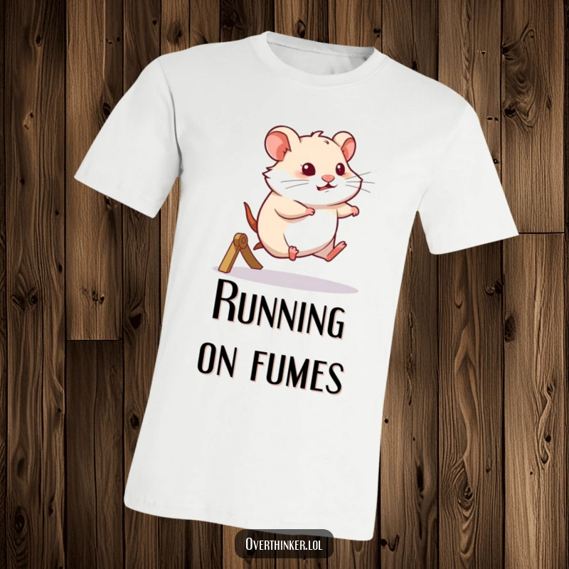 Funny t-shirt showing a hamster running intensely on a wheel while looking deeply thoughtful about life's mysteries.