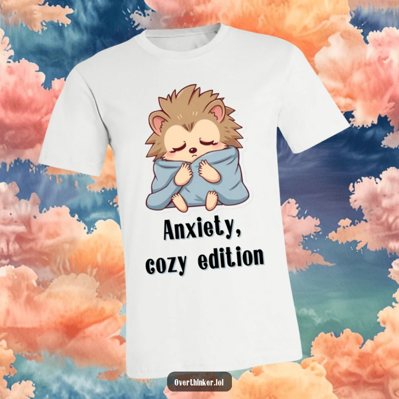 Funny t-shirt featuring a hedgehog wrapped tightly in blankets, deep in anxious contemplation and worried thought.