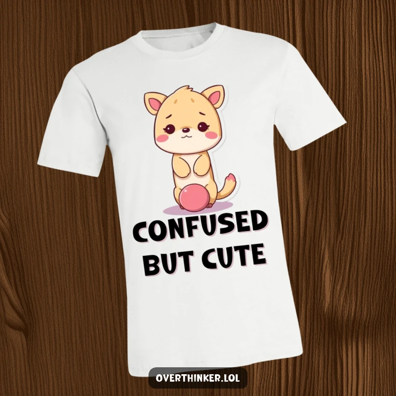 Funny kawaii animal t-shirt depicting a cute animal with its head stuck in a giant question mark, looking confused.