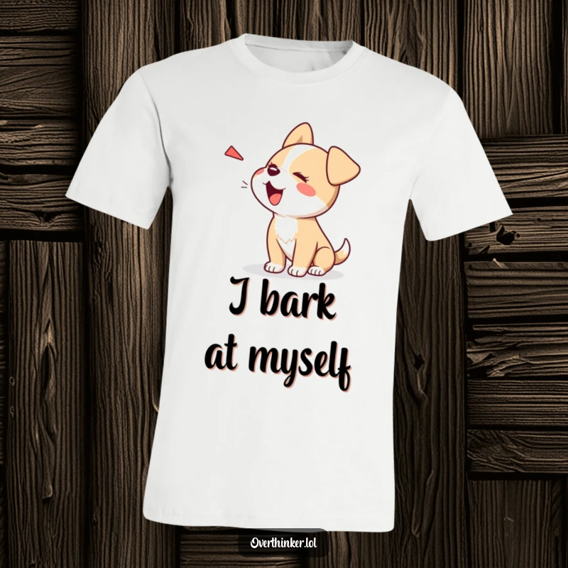 Funny Kawaii dog t-shirt, a cute character barking at its own shadow with a mix of bravery and humorous confusion.