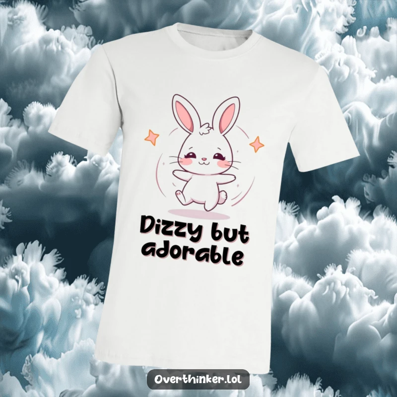 Funny Kawaii rabbit t-shirt with a cute rabbit spinning in confusion, a humorous depiction of being lost in thought.