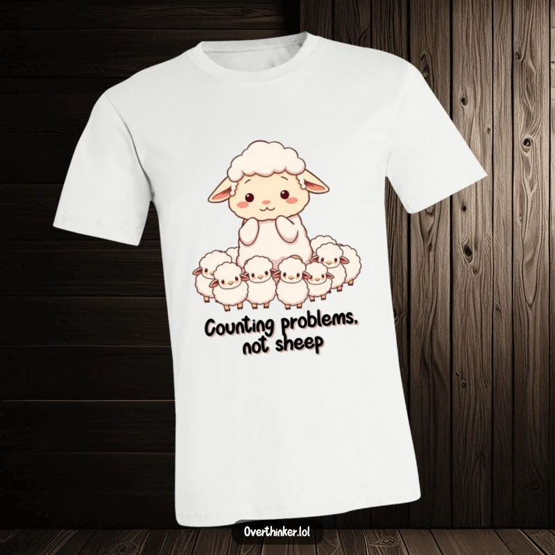 Funny t-shirt depicting an overwhelmed sheep character attempting to count an absurd number of sheep.